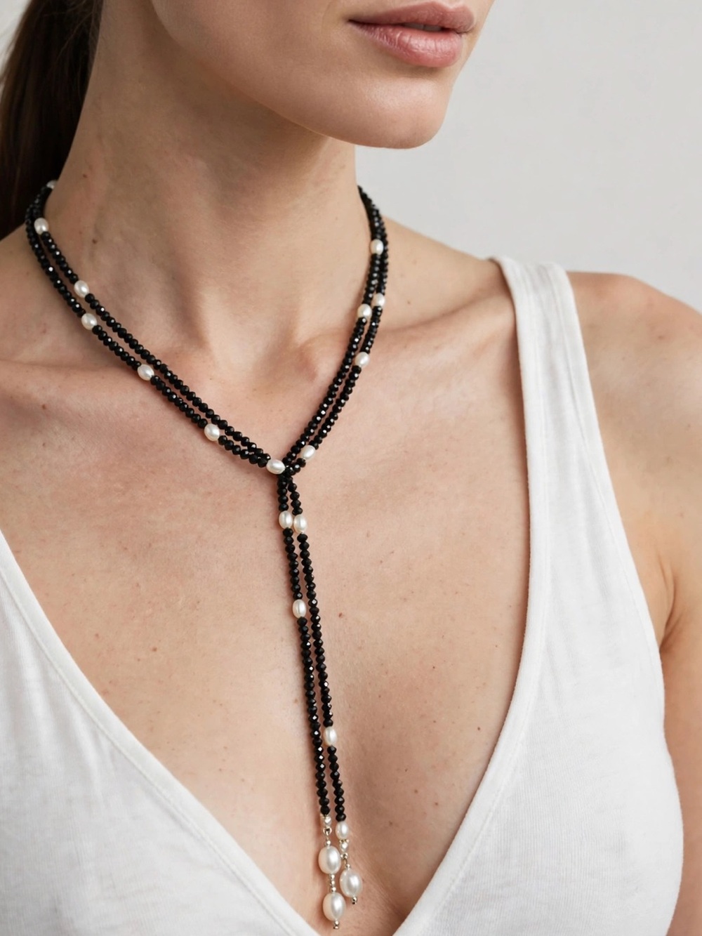 Black Bead & Faux Pearl Necklace | Multi-Way Layered Lariat/ 50”